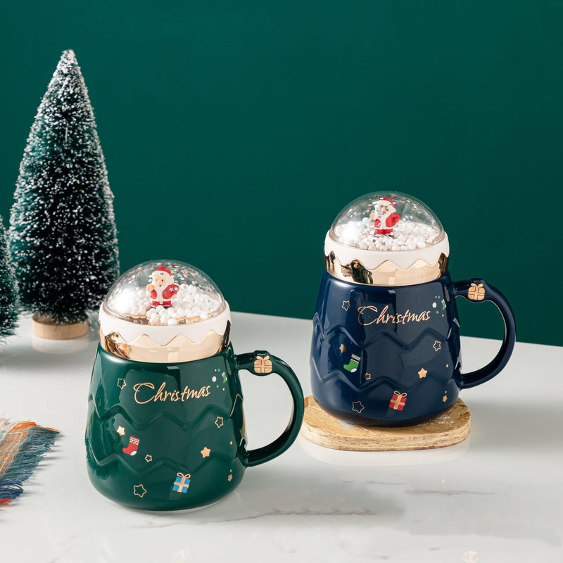 Christmas Coffee Mug - Cute Ceramic Cup with Lid Handle Spoon - Reusable Santa Claus Tea Cups Funny Christmas Gifts for Women Men