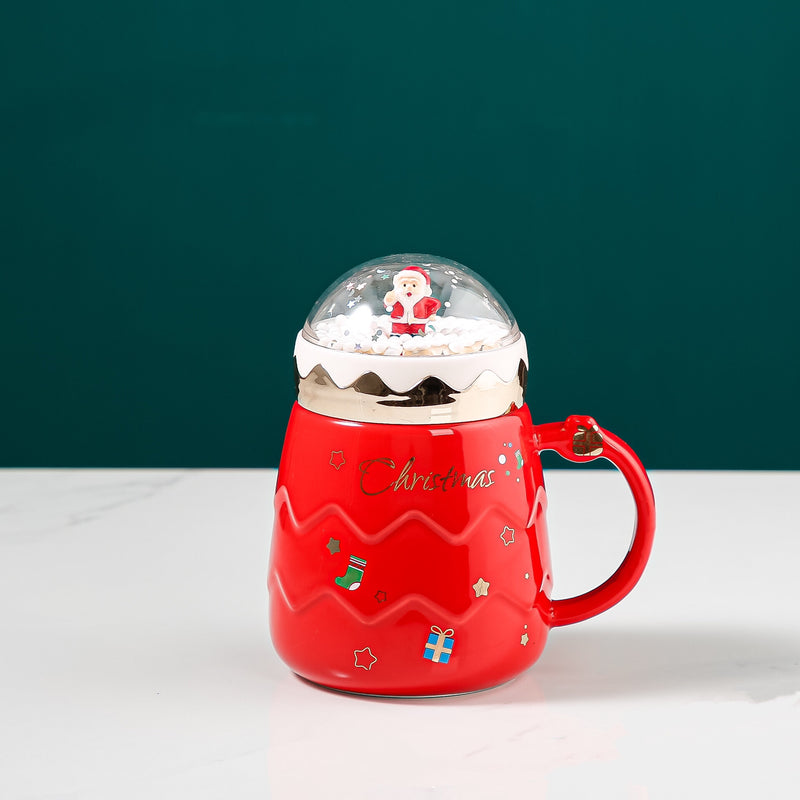 Christmas Coffee Mug - Cute Ceramic Cup with Lid Handle Spoon - Reusable Santa Claus Tea Cups Funny Christmas Gifts for Women Men