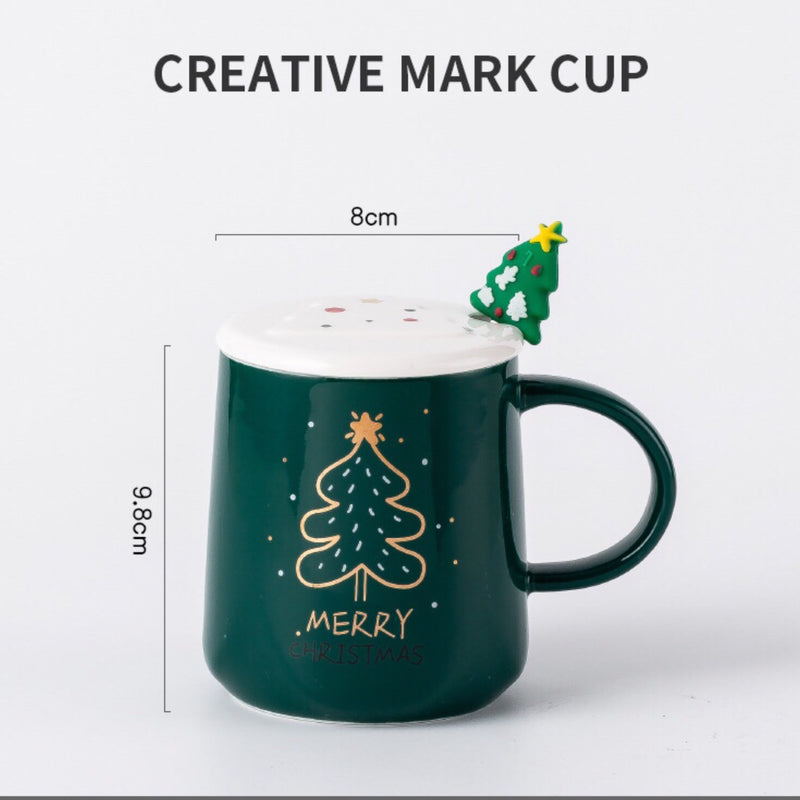 Christmas Coffee Mug - Cute Ceramic Cup with Lid Handle Spoon - Reusable Santa Claus Tea Cups Funny Christmas Gifts for Women Men