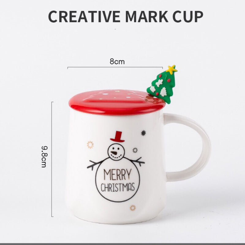 Christmas Coffee Mug - Cute Ceramic Cup with Lid Handle Spoon - Reusable Santa Claus Tea Cups Funny Christmas Gifts for Women Men