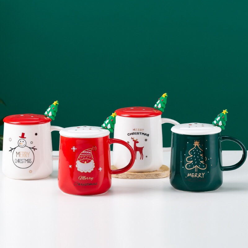 Christmas Coffee Mug - Cute Ceramic Cup with Lid Handle Spoon - Reusable Santa Claus Tea Cups Funny Christmas Gifts for Women Men