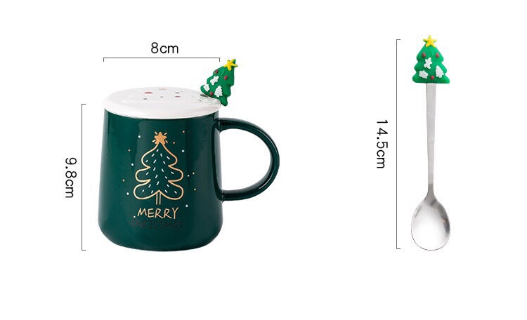 Christmas Coffee Mug - Cute Ceramic Cup with Lid Handle Spoon - Reusable Santa Claus Tea Cups Funny Christmas Gifts for Women Men