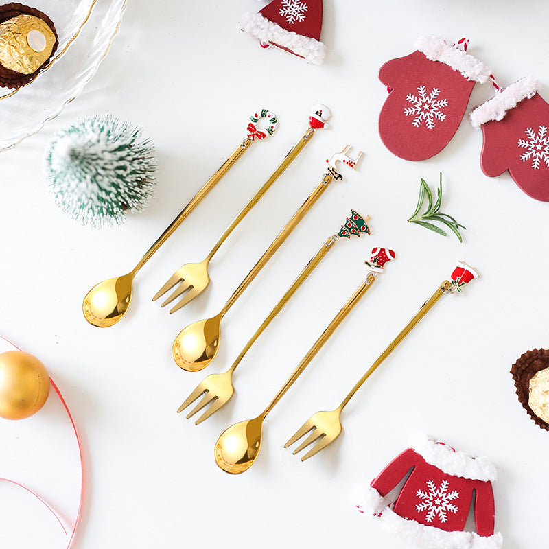 Christmas Spoon Fork with Gift Box - Creative Coffee Spoon Teaspoon - Stainless Steel Spoon Christmas Tableware - Christmas Spoon Fork Set