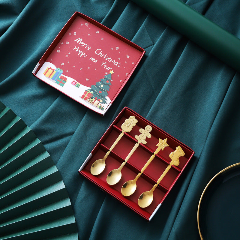 Christmas Spoons with Gift Packing Box - Creative Coffee Spoon Tea Spoon Soup Spoon - Stainless Steel Spoons for Christmas Tableware - Christmas Spoon Set, Dessert Cake Ice Cream Spoons