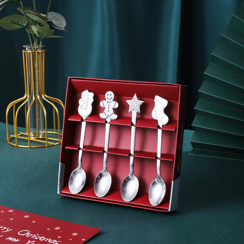 Christmas Spoons with Gift Packing Box - Creative Coffee Spoon Tea Spoon Soup Spoon - Stainless Steel Spoons for Christmas Tableware - Christmas Spoon Set, Dessert Cake Ice Cream Spoons