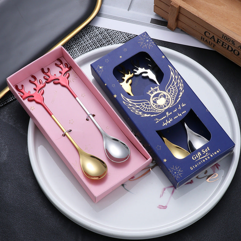 Christmas Elk Stainless Steel Coffee Stir Spoon - Gift Box with 2 Spoons