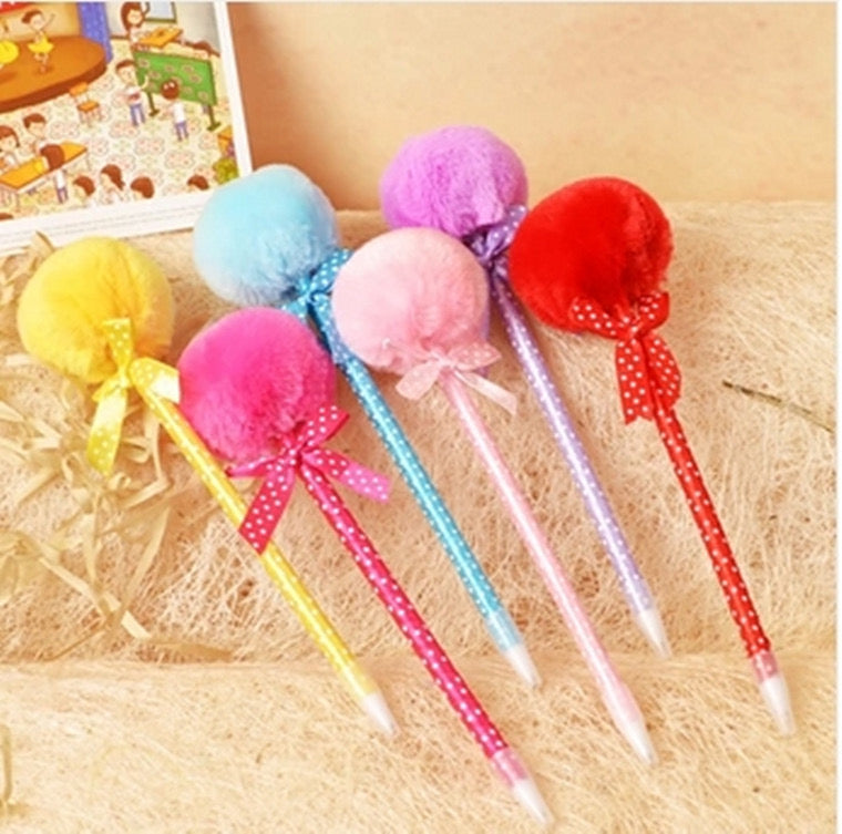 Fluffy Pompon Pen - Bowknot Polka Dot - 0.5 mm Blue Ballpoint Pen ( One Piece )