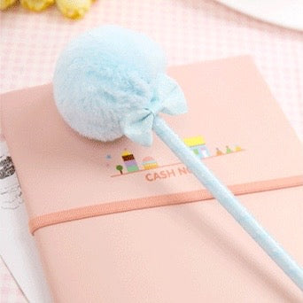 Fluffy Pompon Pen - Bowknot Polka Dot - 0.5 mm Blue Ballpoint Pen ( One Piece )