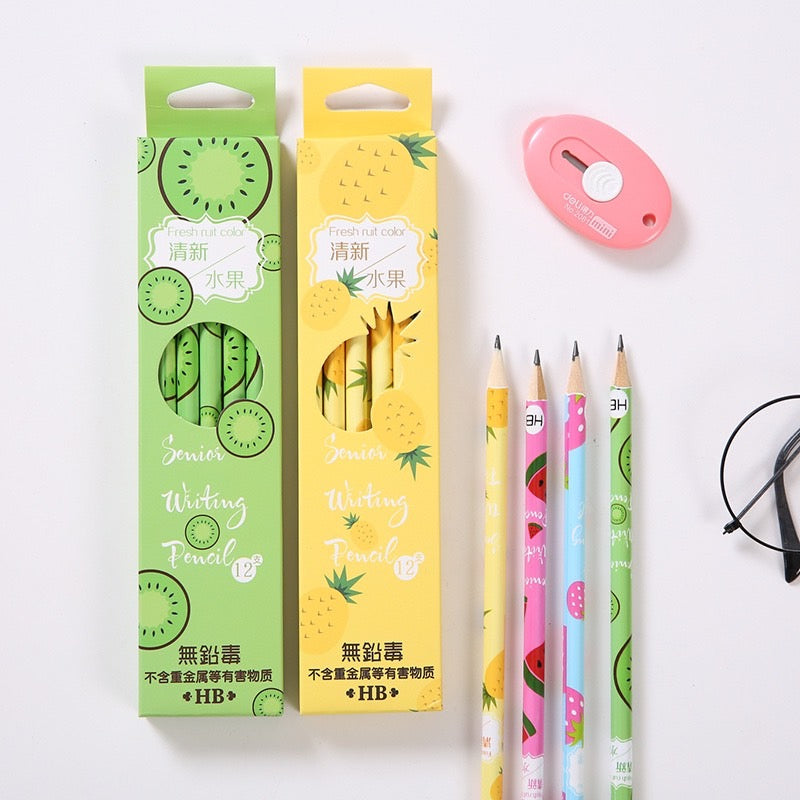 12 PCS Boxed HB Pencil Set - Colorful Fruit - Pupil Special Pencil with Rubber