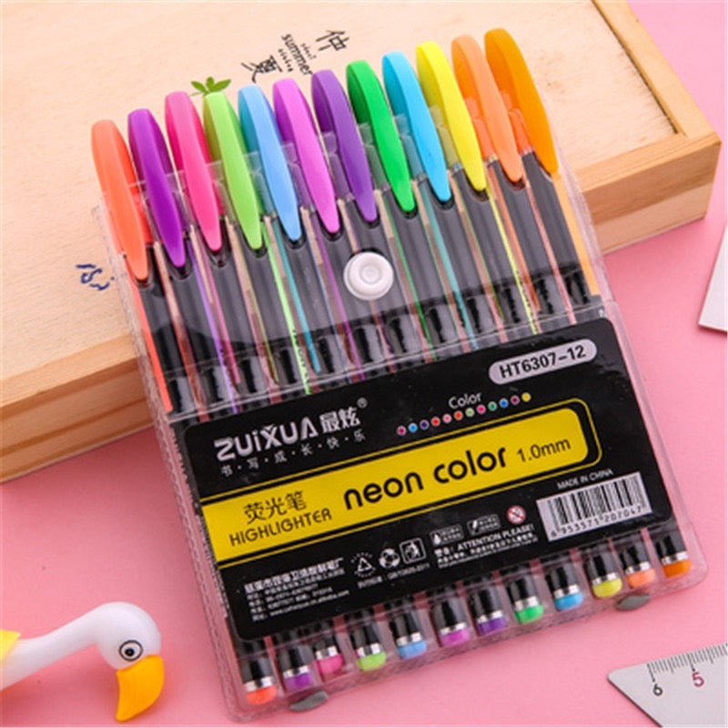 12 Colors Fluorescent Pen Set - Large Capacity - 1 mm Neon Color Metal Pen/ Pastel Pen/ Glitter Pen/ Highlighter