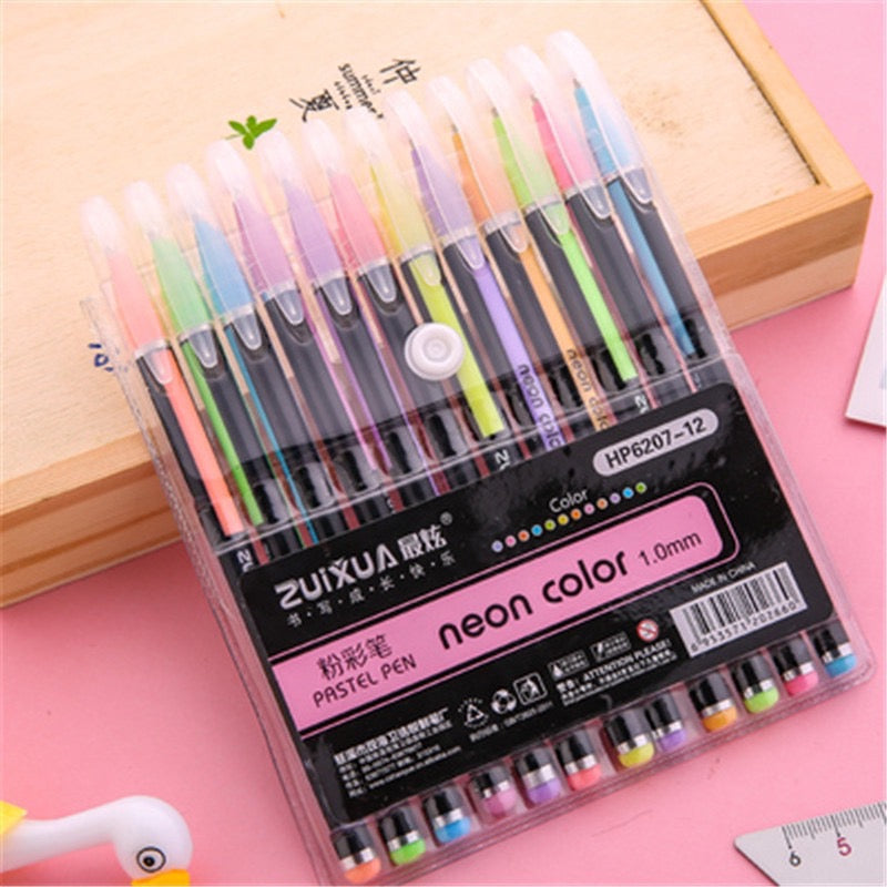 12 Colors Fluorescent Pen Set - Large Capacity - 1 mm Neon Color Metal Pen/ Pastel Pen/ Glitter Pen/ Highlighter