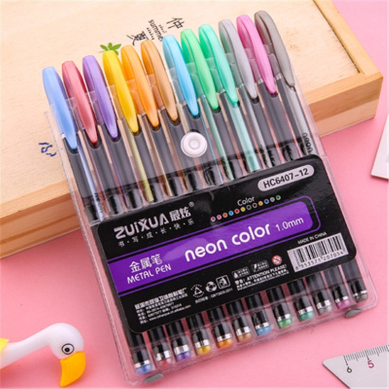 12 Colors Fluorescent Pen Set - Large Capacity - 1 mm Neon Color Metal Pen/ Pastel Pen/ Glitter Pen/ Highlighter