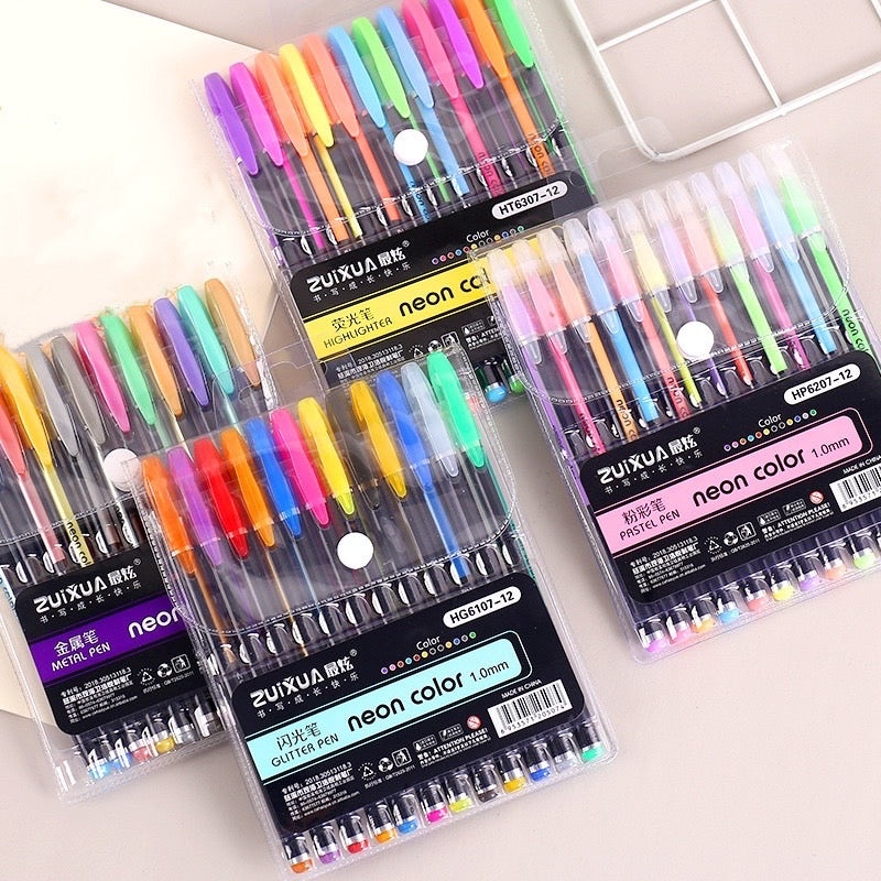 12 Colors Fluorescent Pen Set - Large Capacity - 1 mm Neon Color Metal Pen/ Pastel Pen/ Glitter Pen/ Highlighter