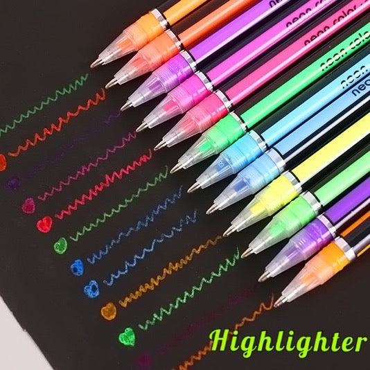 12 Colors Fluorescent Pen Set - Large Capacity - 1 mm Neon Color Metal Pen/ Pastel Pen/ Glitter Pen/ Highlighter