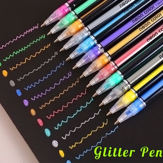 12 Colors Fluorescent Pen Set - Large Capacity - 1 mm Neon Color Metal Pen/ Pastel Pen/ Glitter Pen/ Highlighter