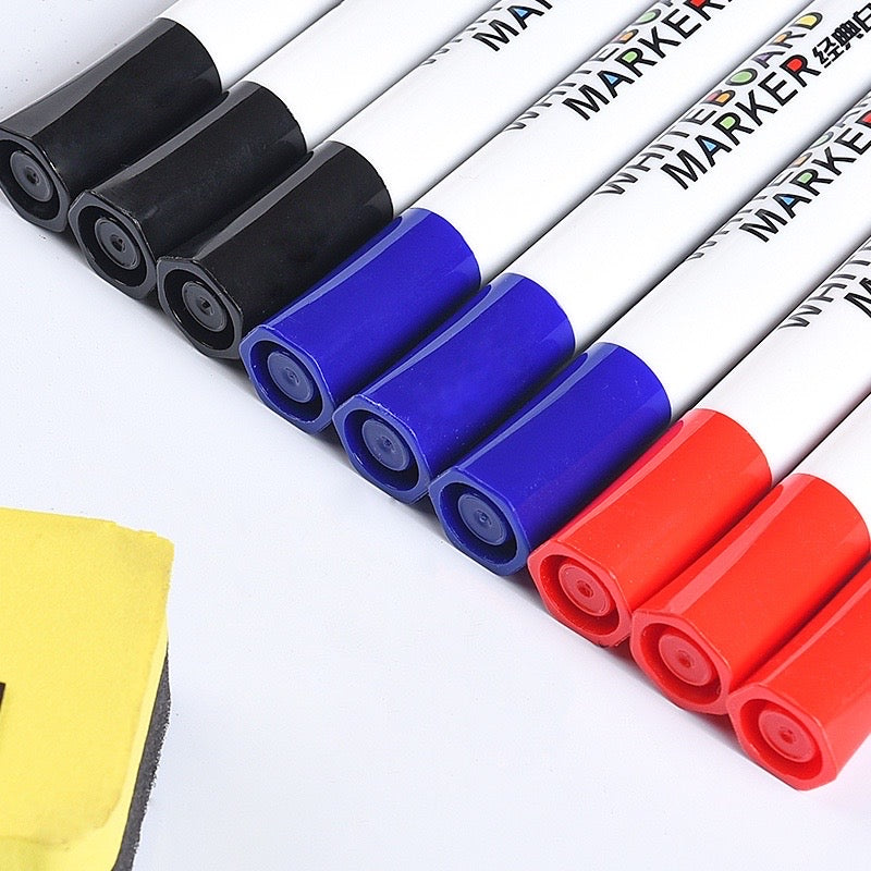 Erasable Whiteboard Marker Pen - Round Fiber Nib - Black/ Blue/ Red ( One Piece )