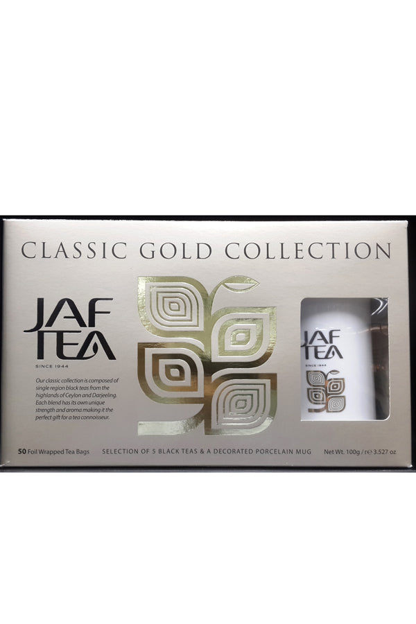 JAF TEA - Gifts - Classic Melange - Assortment of 5 Classis Black Teas with a Porcelain Mug - Individually Wrapped Foil Envelope Tea Bags (2 g×50 Pcs)