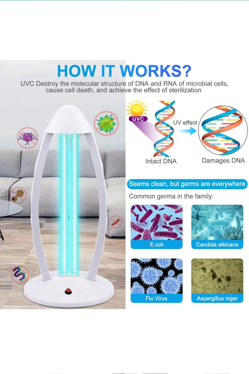 UV Desk Lamp UV-C Ultraviolet Lamp - Sterilizer for Home or Office - Ozone to Purify Air - Remote Operated for Safety - Powerful 38W