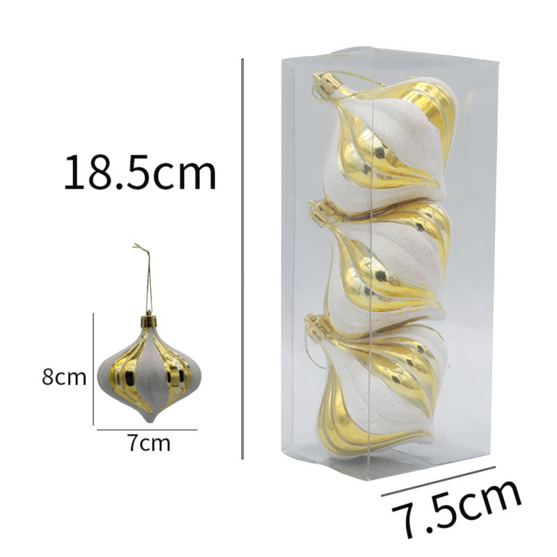 Christmas Balls Ornaments - 3 Pcs Onions in PVC Bucket Wrapping for Xmas Tree Decorations - 80 mm