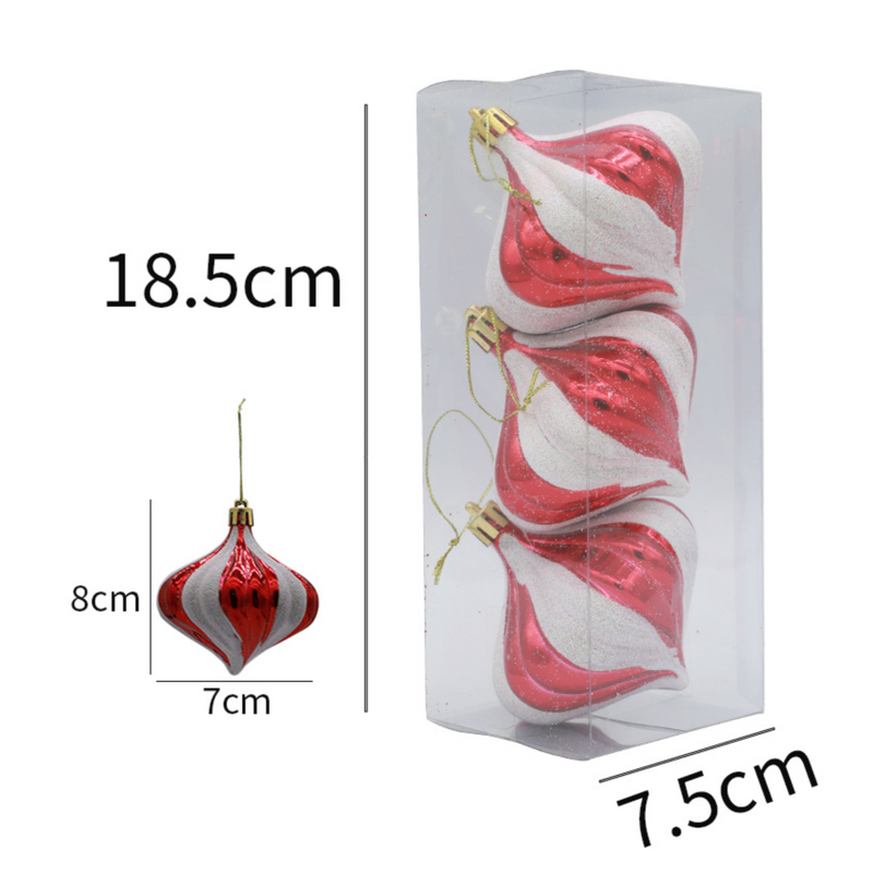 Christmas Balls Ornaments - 3 Pcs Onions in PVC Bucket Wrapping for Xmas Tree Decorations - 80 mm
