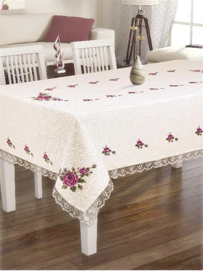 Cross-stitch Printed Guipureed Table Cloth Pink