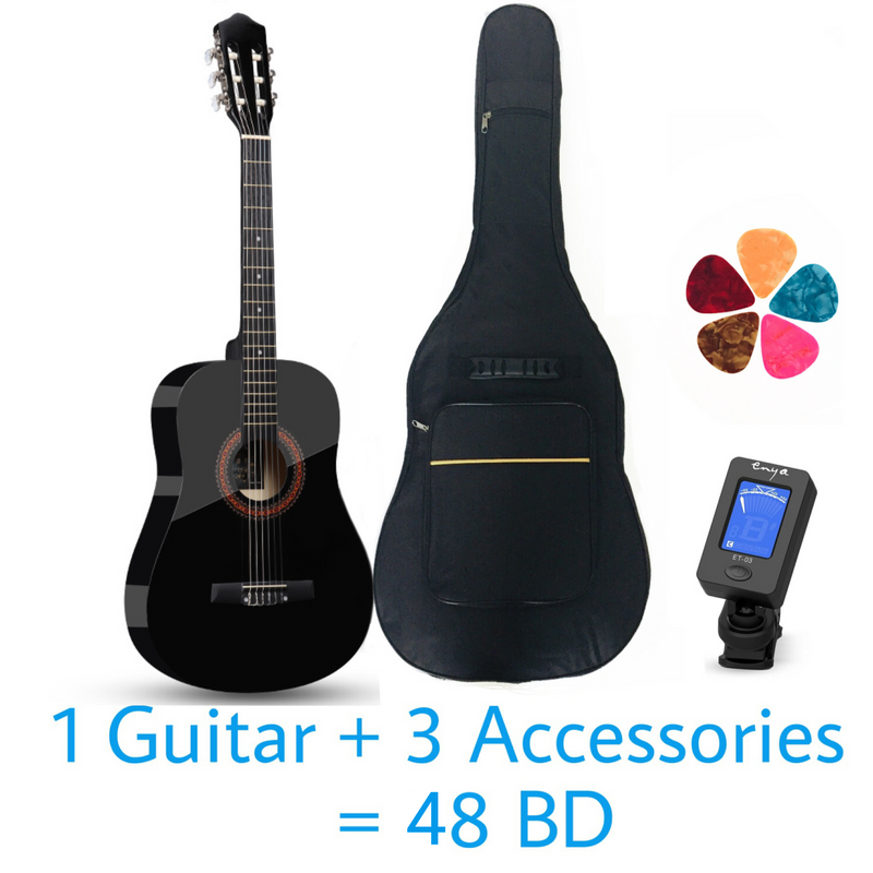 Classical Rounded 38" Guitar - Black - Basswood - With Beginner Kit includes Cover, Picks (5 pcs), Tuner