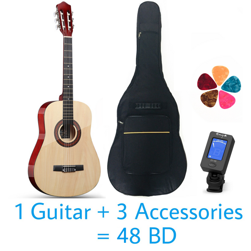 Classical Rounded 38" Guitar - Light Wood - Basswood - With Beginner Kit includes Cover, Picks (5 pcs), Tuner