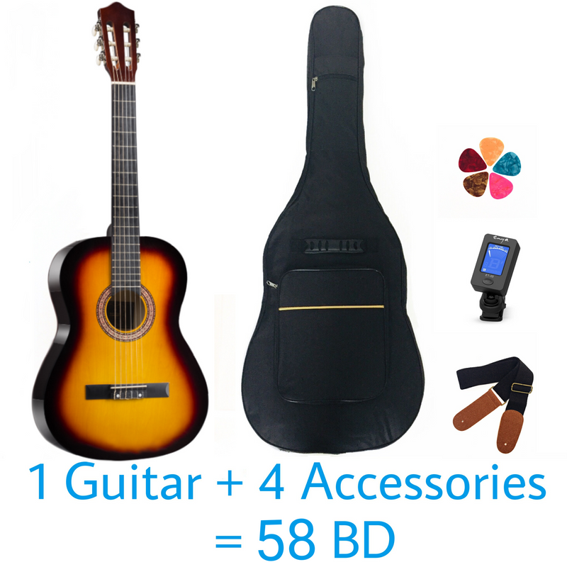 Classical Rounded 39" Guitar - Sunset Yellow - Basswood - With Beginner Kit includes Cover, Picks (5 pcs), Tuner, Strap