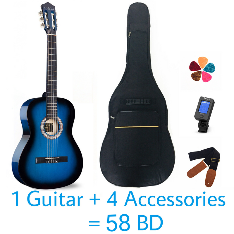 Classical Rounded 39" Guitar - Blue - Basswood - With Beginner Kit includes Cover, Picks (5 pcs), Tuner, Strap