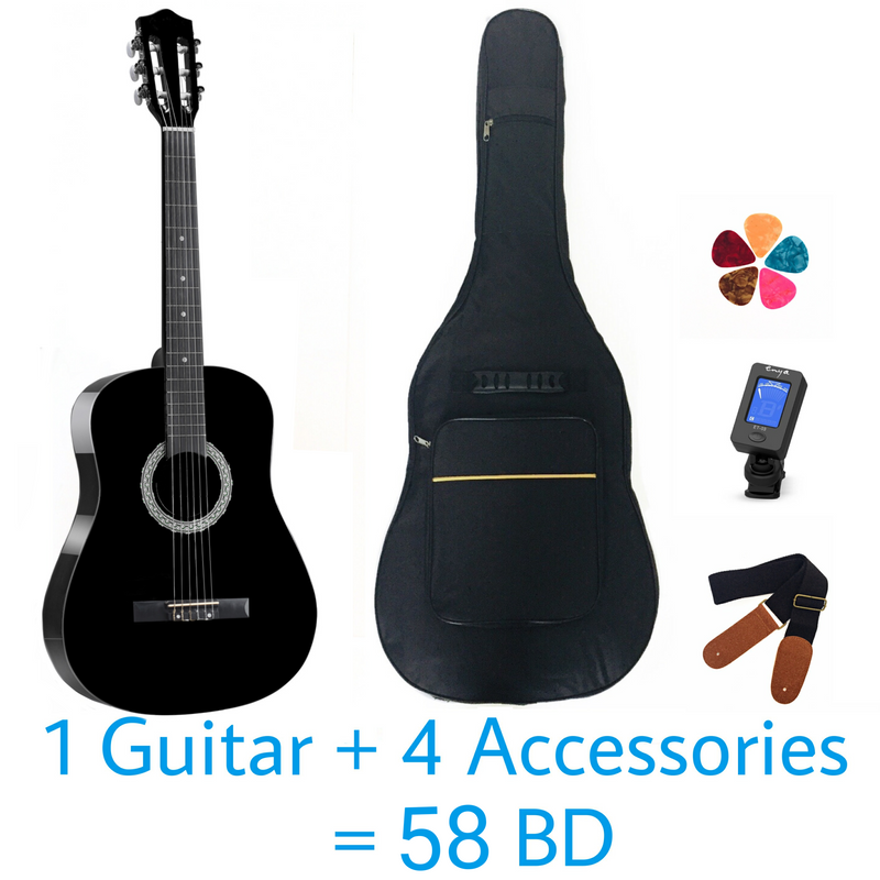 Classical Rounded 39" Guitar - Black - Basswood - With Beginner Kit includes Cover, Picks (5 pcs), Tuner, Strap