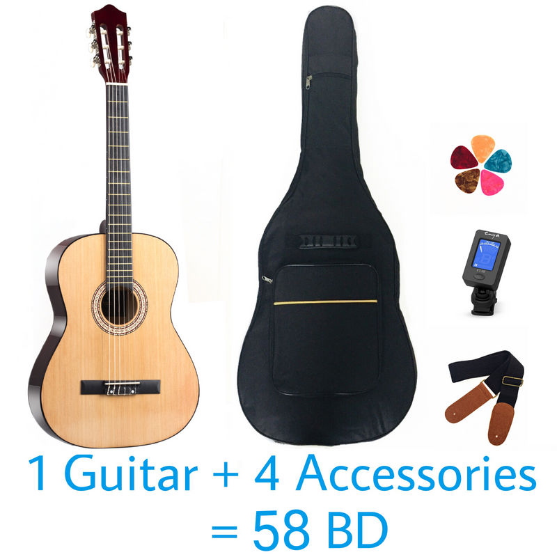 Classical Rounded 39" Guitar - Light Wood - Basswood - With Beginner Kit includes Cover, Picks (5 pcs), Tuner, Strap