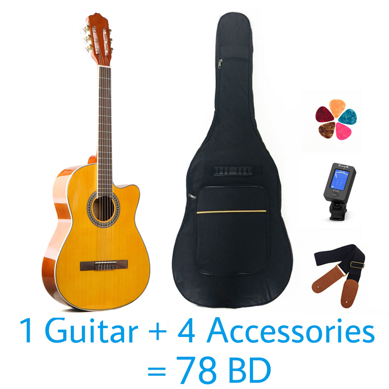 Classical Deviser 39" Guitar - Yellow - Spruce Wood Top Cutaway - With Beginner Kit includes Cover, Picks (5 pcs), Tuner, Strap