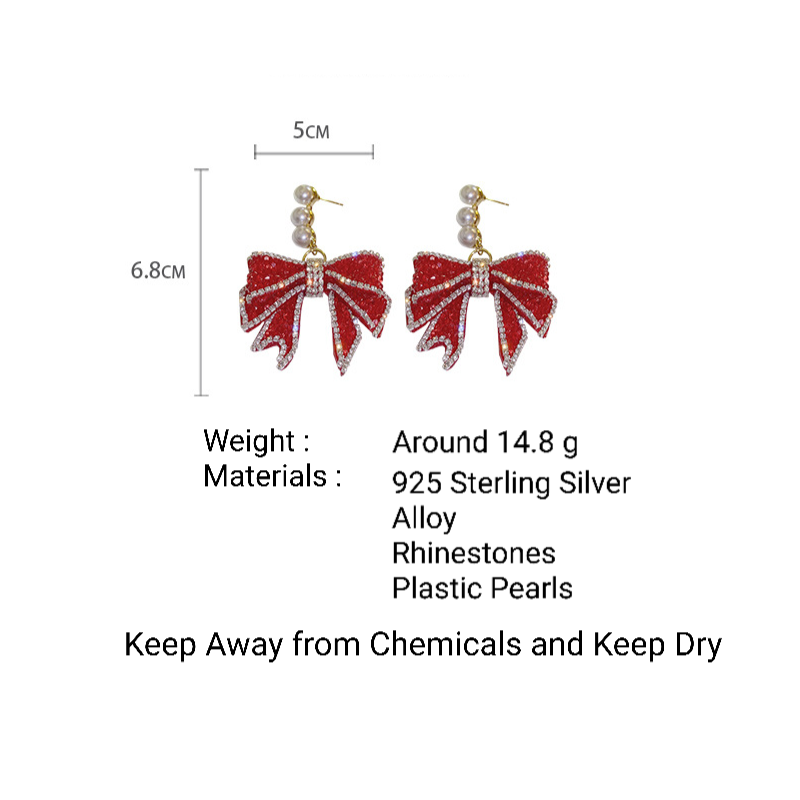 Earrings Red Bow Tie 925 Silver Needles for Women Girls Jewelry