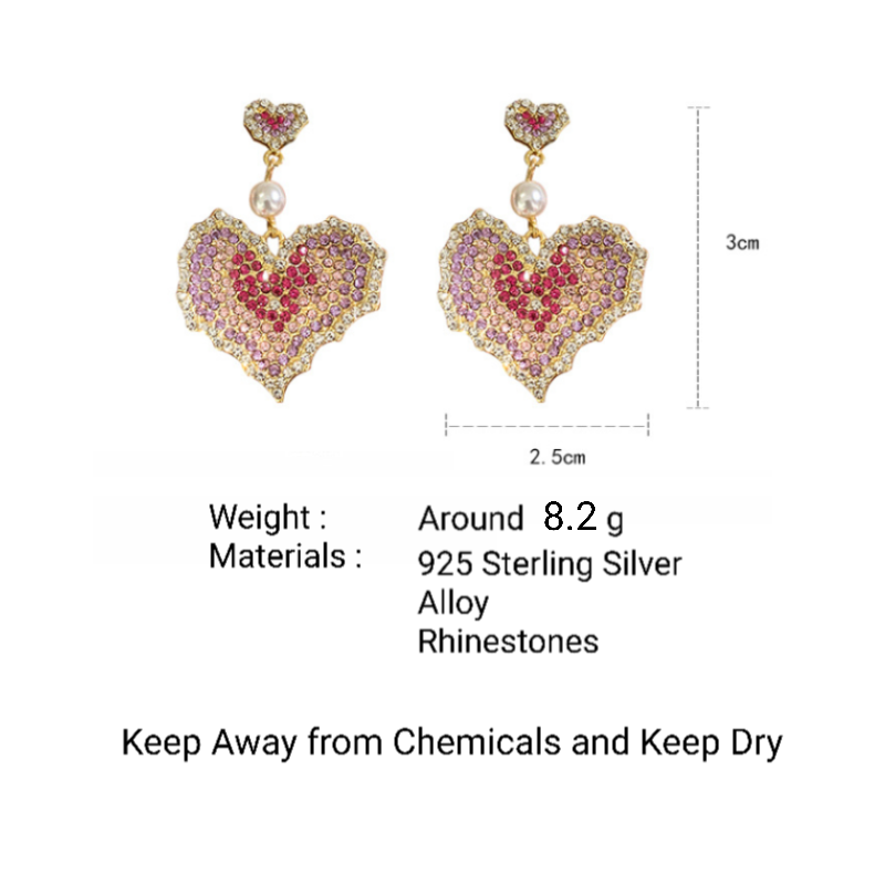 Earrings Rhinestone Heart 925 Silver Needles for Women Girls Jewelry